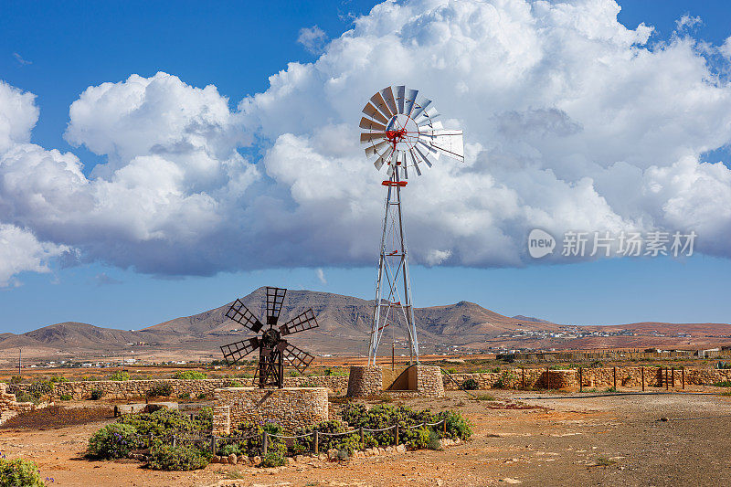 富埃特文图拉岛上的Llanos de la Conception村的风力涡轮机